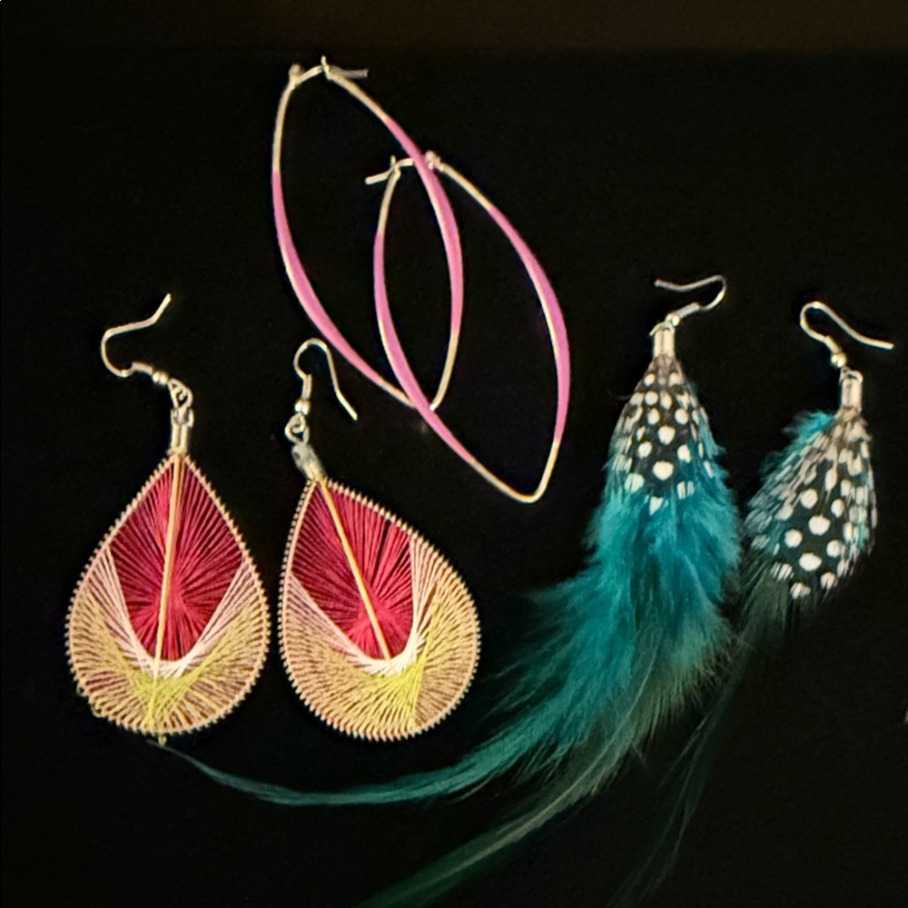 Lot of 3 Colorful Feather and Thread hoops Earrings Set